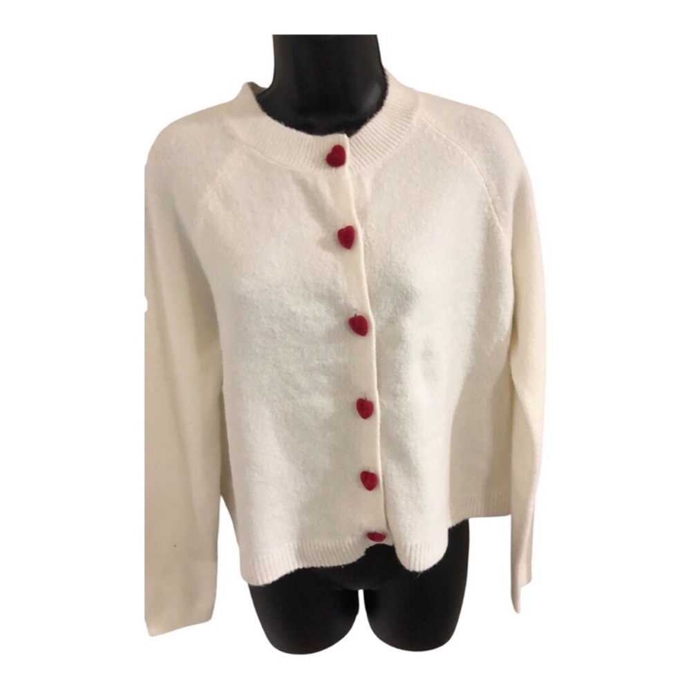 Jessica Simpson white red‎ heart shaped velvet button fuzzy cardigan size medium